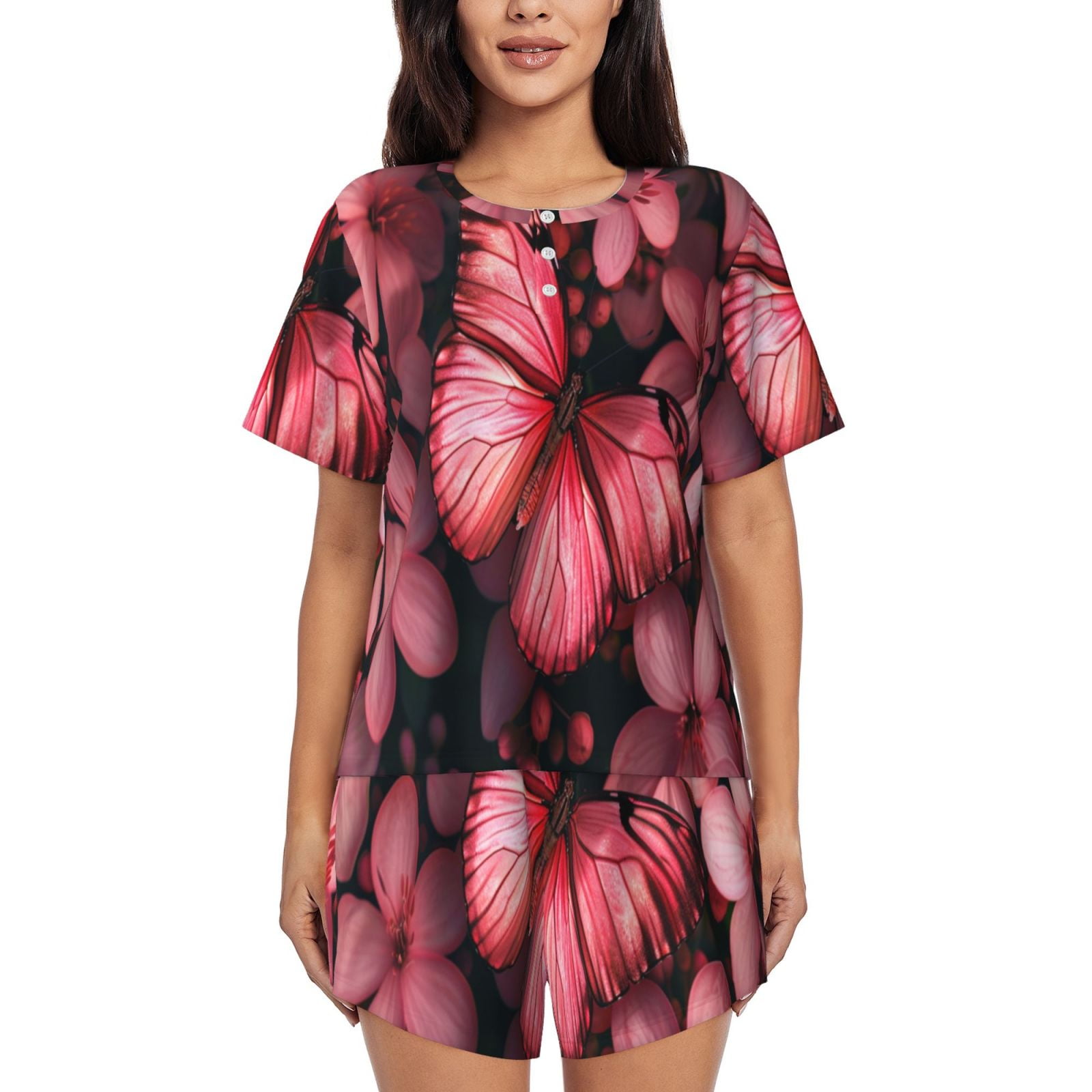 Logiee pink butterfly Print Womens Pajamas Set,Short-Sleeve Pajama 2 ...