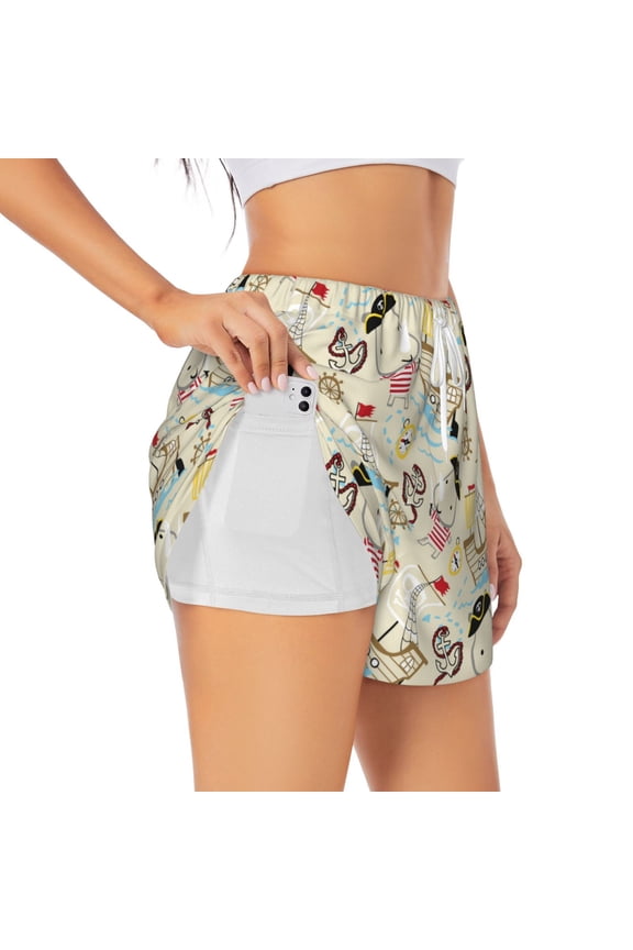 pirate with sailing Print Women 2 in 1 Running Shorts,High Waisted Athletic Shorts,Gym Workout Shorts with Liner Pockets-Small
