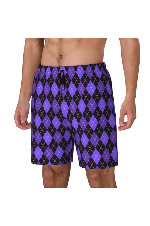 purple argyle Print Men's Swim Trunk,Quick Dry Board Shorts ,Men's Swim Trunks with Compression Liner, Bathing Suits with Pockets-Medium