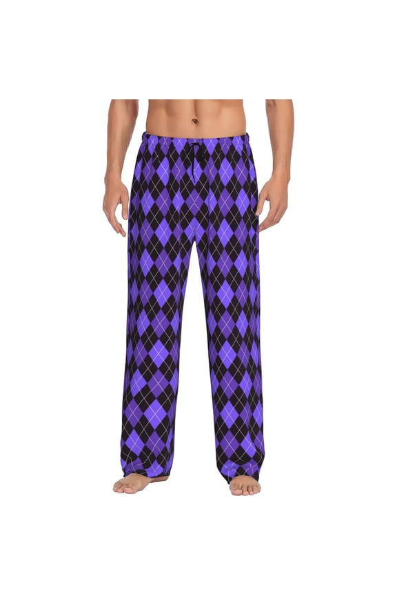 purple argyle Print Pajama Pants for Men,Men’s Pajama Bottoms,Mens PJ Pants with Pockets & Button Fly-Large