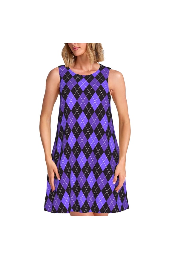 purple argyle Print Summer Dresses for Women,Beach Sleeveless Flowy Pocket Tshirt Tank Sundresses,Women's Sleeveless Dress