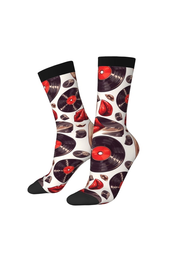 record lips Skull Print Adult Socks for Men & Women,Calf Socks, Ankle Socks,Boots Socks,Breathable Casual Sock,Unisex Crew Socks