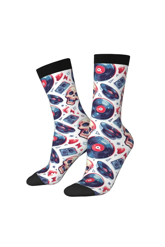 record rock music Skull Print Adult Socks for Men & Women,Calf Socks, Ankle Socks,Boots Socks,Breathable Casual Sock,Unisex Crew Socks