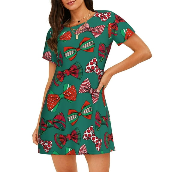 Logiee red and green bow tie Print Nightgowns for Women,Soft Short-Sleeved Lightweight Sleepwear, Loose Sleepshirts