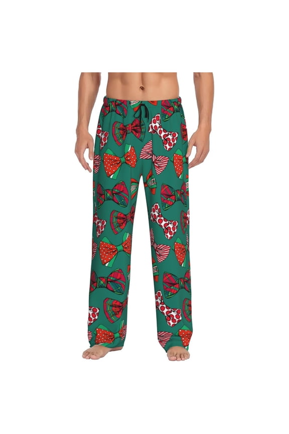 red and green bow tie Print Pajama Pants for Men,Men’s Pajama Bottoms,Mens PJ Pants with Pockets & Button Fly-Medium