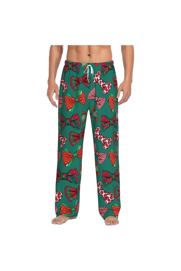 red and green bow tie Print Pajama Pants for Men,Men’s Pajama Bottoms,Mens PJ Pants with Pockets & Button Fly-Small