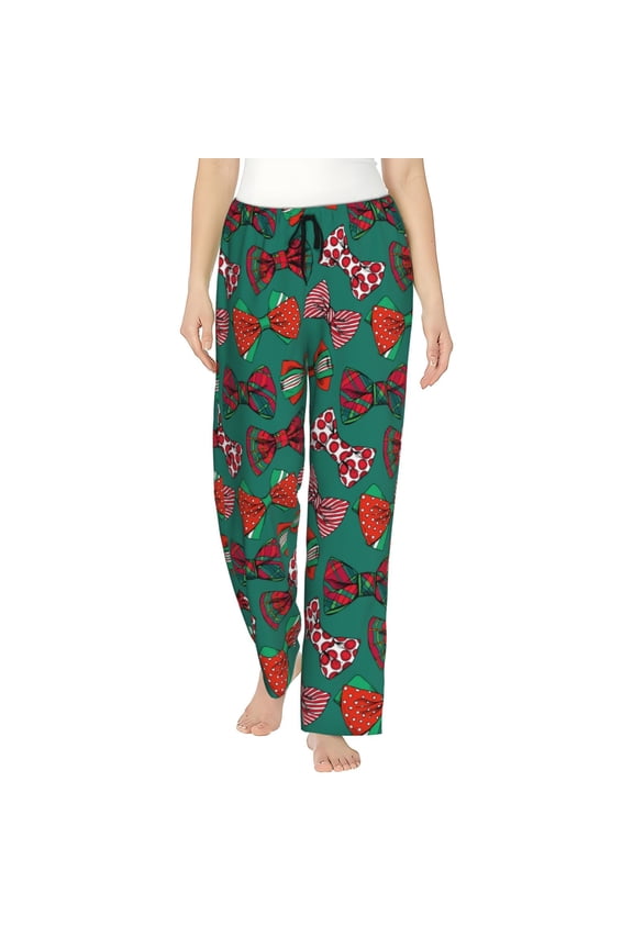 red and green bow tie Print Women Pajama Pants,Comfy Pj Bottom with Pockets & Drawstring,Stretch Casual Sleepwear-Large