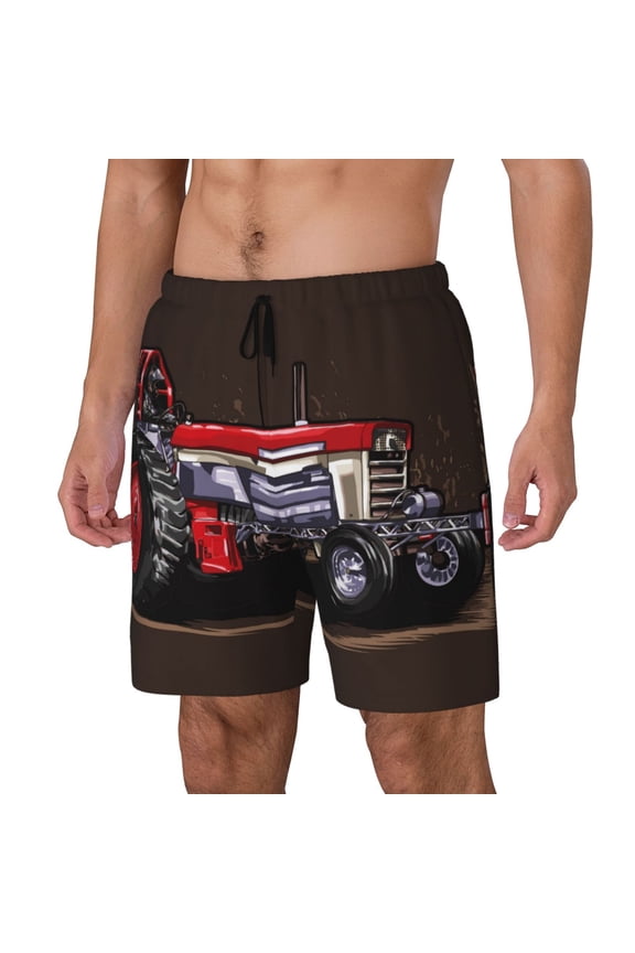 red tractor Print Men's Swim Trunk,Quick Dry Board Shorts ,Men's Swim Trunks with Compression Liner, Bathing Suits with Pockets-3X-Large