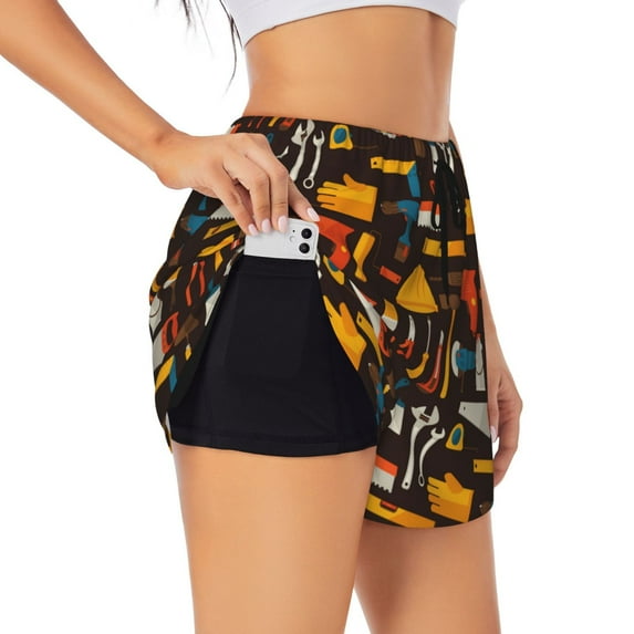 Logiee repair working tools Print Women 2 in 1 Running Shorts,High Waisted Athletic Shorts,Gym Workout Shorts with Liner Pockets-XX-Large