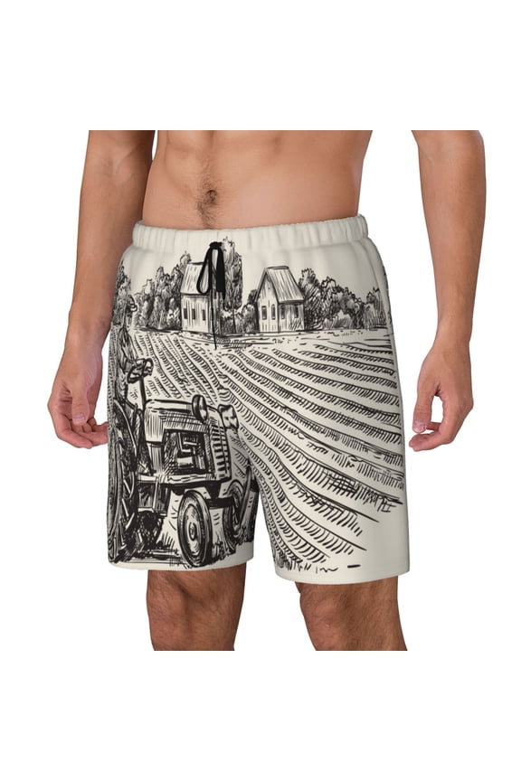 retro tractor Print Men's Swim Trunk,Quick Dry Board Shorts ,Men's Swim Trunks with Compression Liner, Bathing Suits with Pockets-X-Large