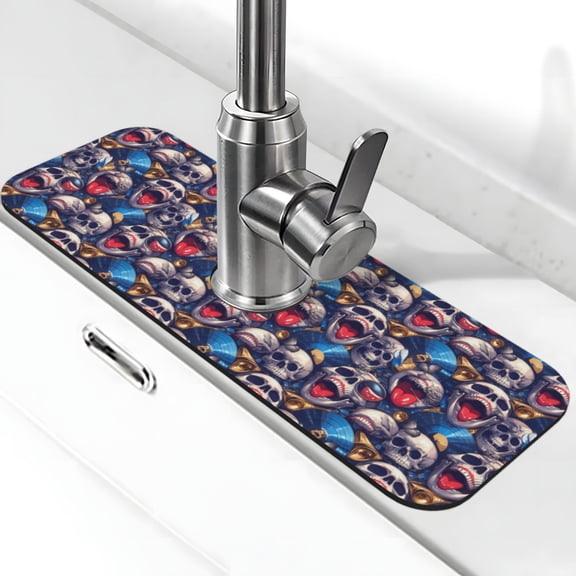 Logiee rock Skull blue record Print Kitchen Sink Splash Guard Faucet Mat for Splash Guard Behind Faucet Drip Catcher for Kitchen,Bathroom,Sink Mat,Dish Drying Mat,Bathroom-15" X 5.5"