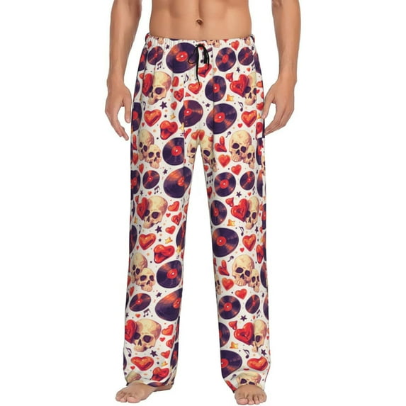 Logiee rock Skull record heart Print Pajama Pants for Men,Men’s Pajama Bottoms,Mens PJ Pants with Pockets & Button Fly-XX-Large