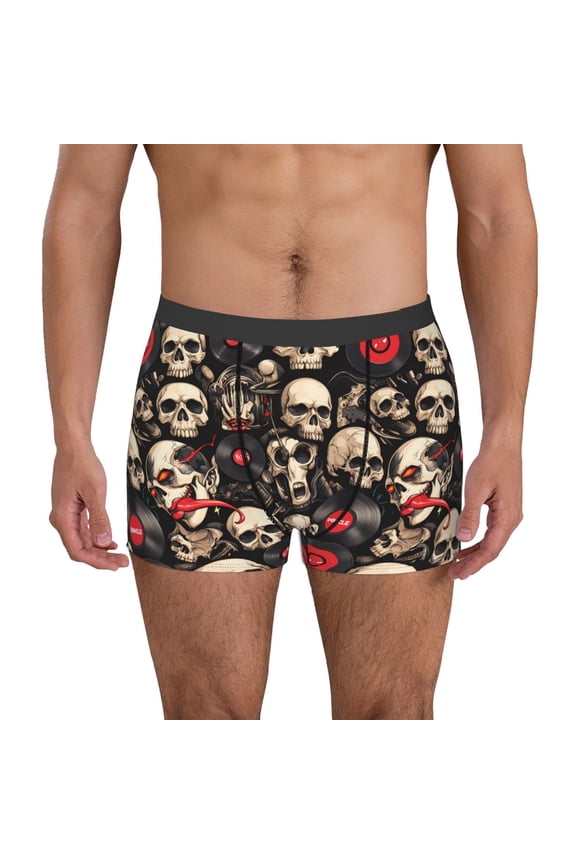 rock record Skull Print Mens Boxer Briefs,Boxer Briefs for Men,Breathable Stretch Underwear,Boys Boxer Briefs-XX-Large