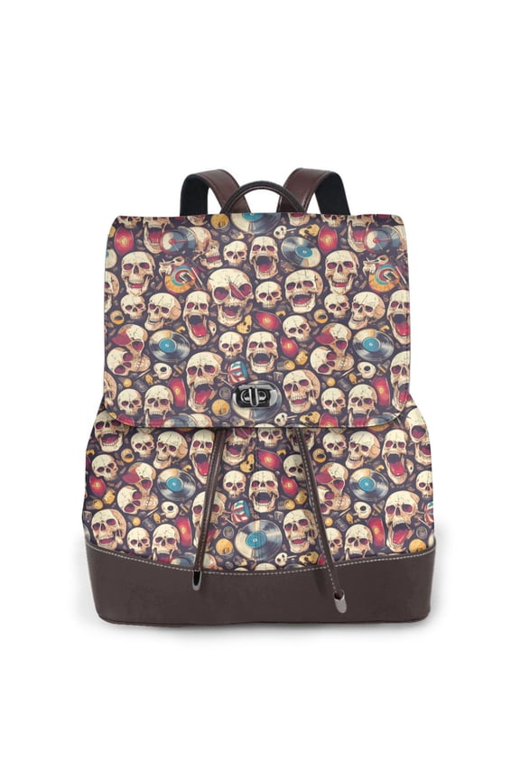 Logiee rock record music Skull Print Backpack Purse for Women,Fashion Leather Backpack Purse,Women's Leather Backpack for Work College Travel