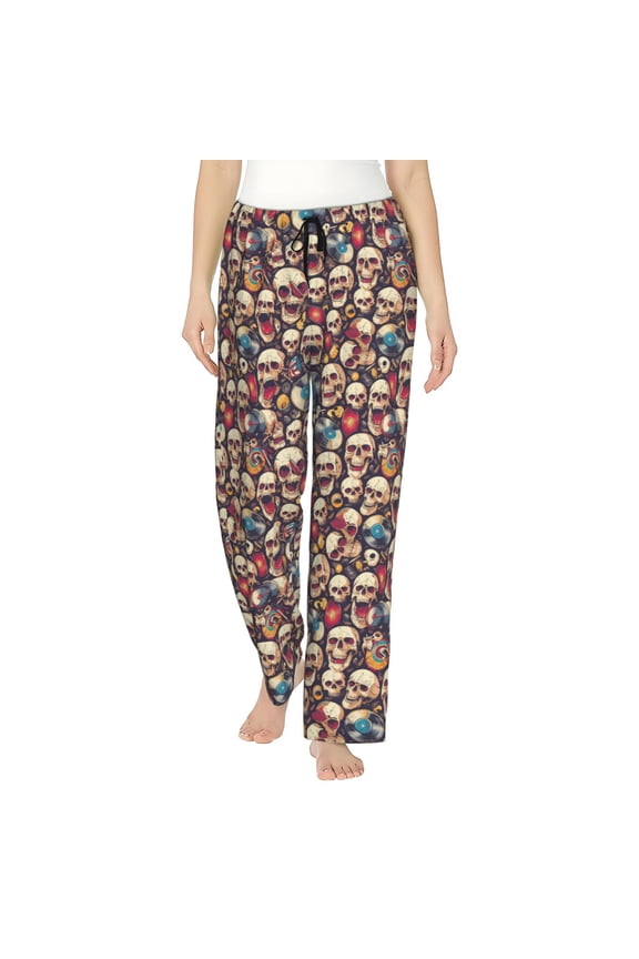 rock record music Skull Print Women Pajama Pants,Comfy Pj Bottom with Pockets & Drawstring,Stretch Casual Sleepwear-X-Large