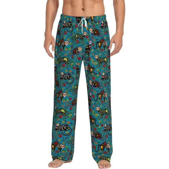 Logiee skull black cats in mexican Print Pajama Pants for Men,Men’s Pajama Bottoms,Mens PJ Pants with Pockets & Button Fly-Small