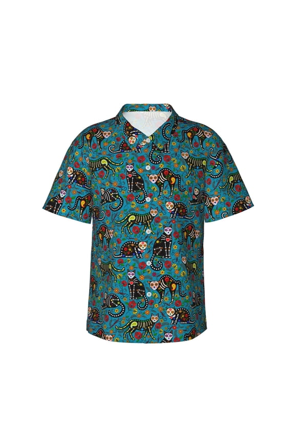 skull black cats in mexican Print Mens Hawaiian Shirts,Loose-Fit Short Sleeve Button Down Tropical Aloha Beach Shirt,Summer Vacation Wedding Tops,X-Large