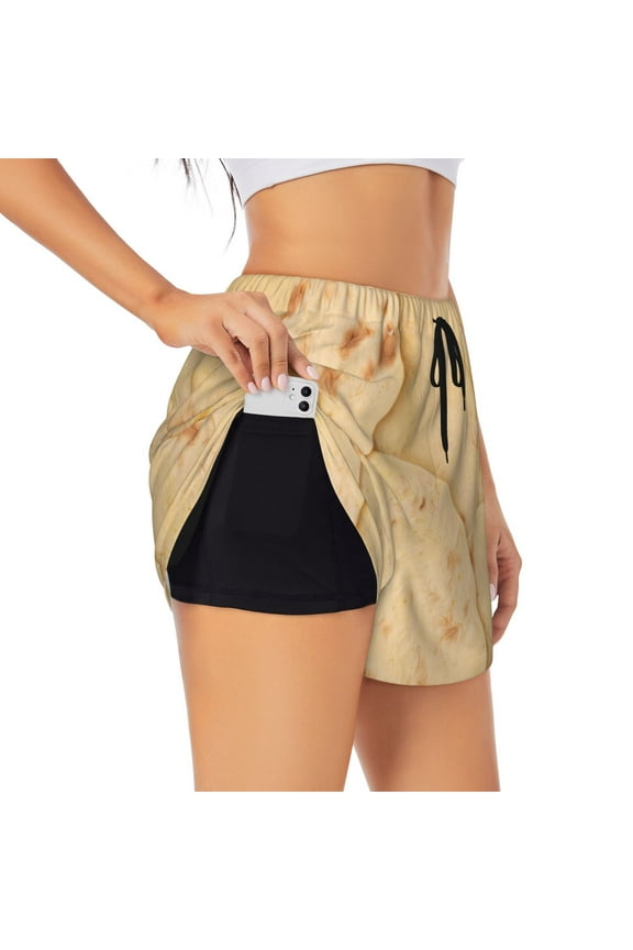 taco tortilla Print Women 2 in 1 Running Shorts,High Waisted Athletic Shorts,Gym Workout Shorts with Liner Pockets-Large