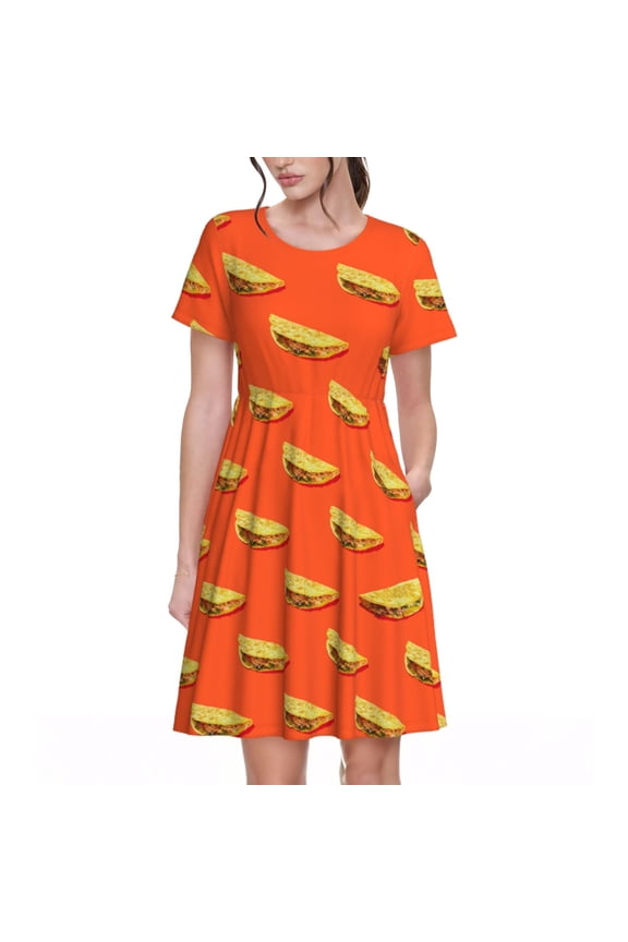 tortilla tacos Print Womens Summer Dress,Casual Short Sleeve Sundresses,Beach A-line Shift Dress with Pockets