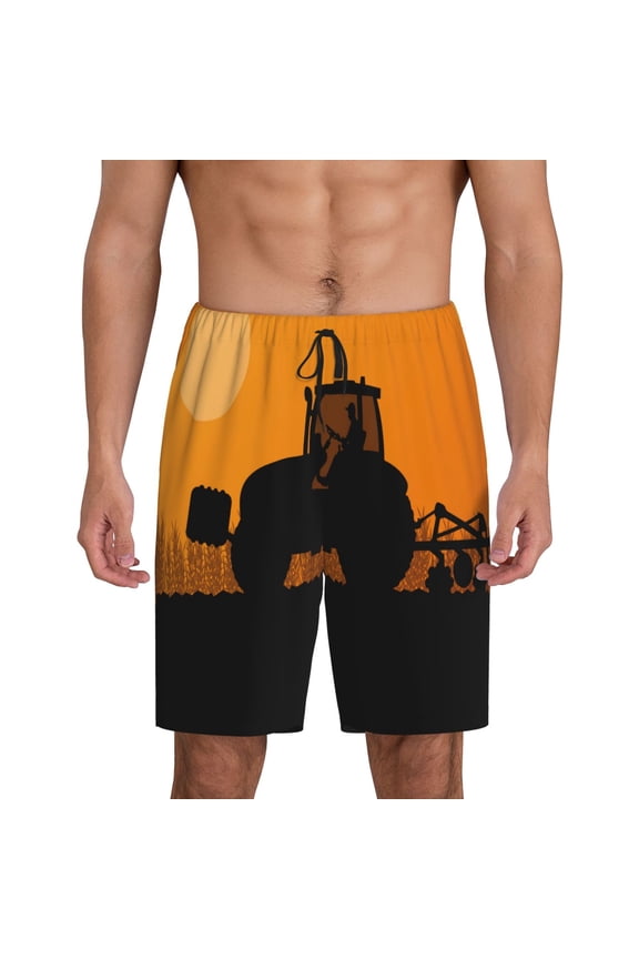 tractor cultivating the land Print Men's Pajama Shorts with Drawstring & Pockets,Sleep Shorts for Men,Sleepwear Bottoms,Elastic Waistband Loungewear-XX-Large