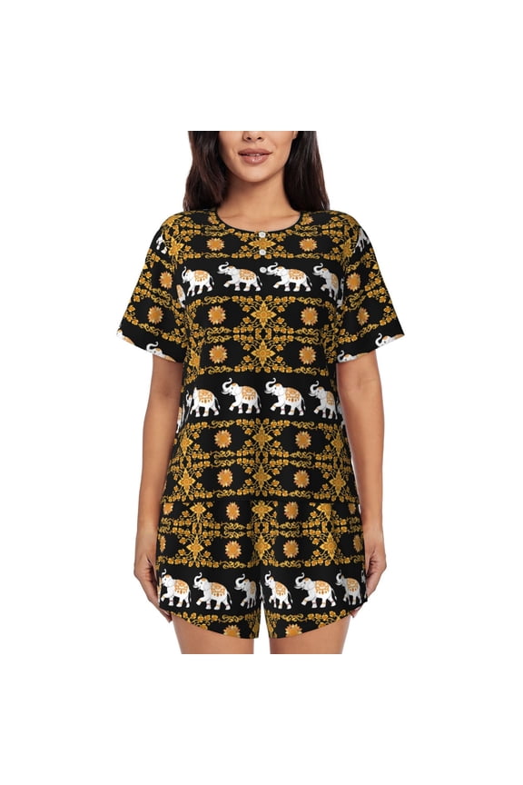 traditional Elephant Print Womens Pajamas Set,Short-Sleeve Pajama 2 Piece Sleepwear with Pockets-Medium