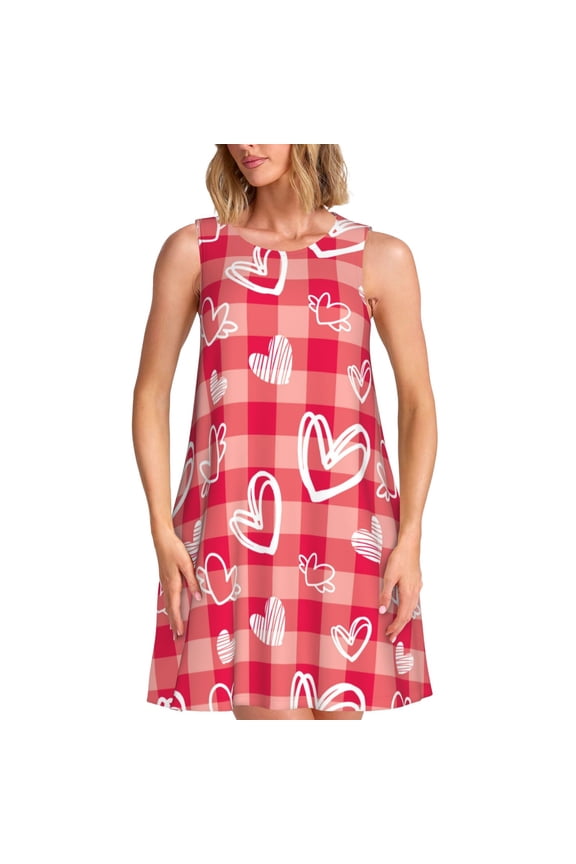 valentine day with heart Print Summer Dresses for Women,Beach Sleeveless Flowy Pocket Tshirt Tank Sundresses,Women's Sleeveless Dress