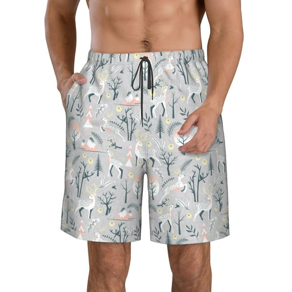 Logiee white Moose winter tree Print Mens Swim Trunks Quick Dry Board Shorts,Breathable Hawaii Beach Shorts Swimwear Bathing Suits-X-Large