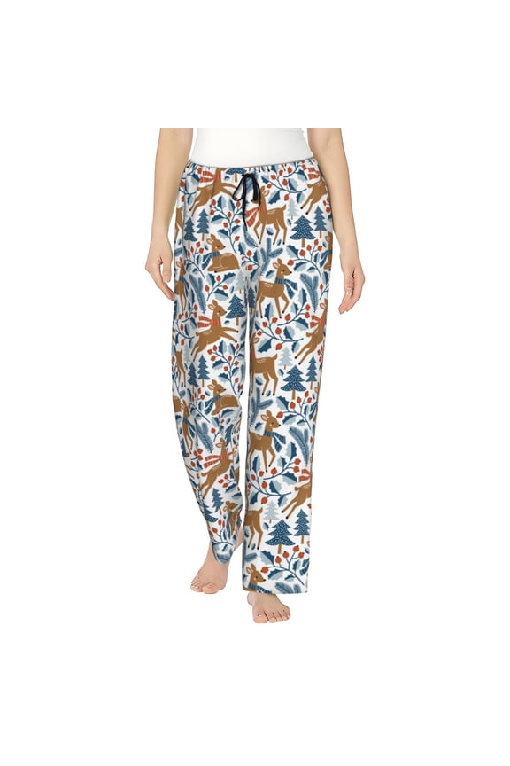 winter Scarf deer Print Women Pajama Pants,Comfy Pj Bottom with Pockets & Drawstring,Stretch Casual Sleepwear-X-Large