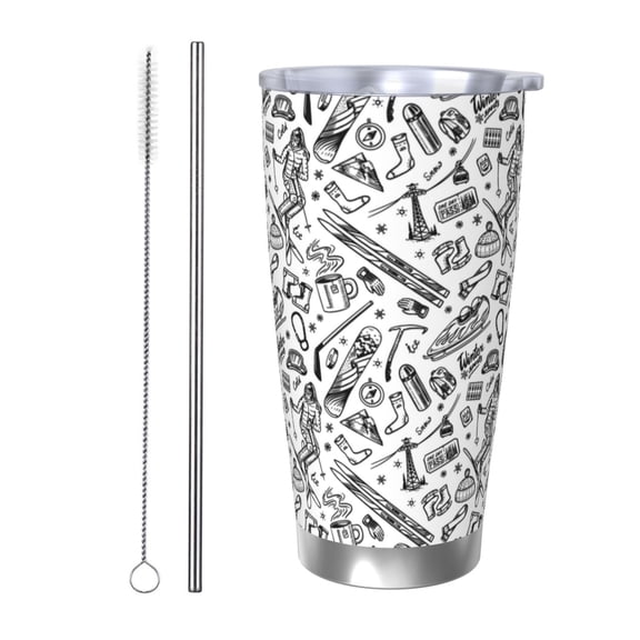 Logiee winter Ski Element Print 20OZ Car Cup with Lid, Stainless Steel Vacuum Insulated Double Wall Travel Tumbler, Durable Insulated Coffee Mug,Thermal Cup with Straw-Straw Two-piece Set