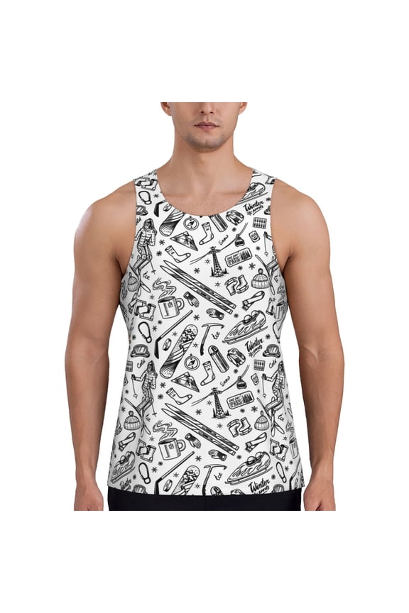 winter Ski Element Print Men's Workout Tank Top,Quick Dry Workout Tank Top,Gym Muscle Tee,Fitness Bodybuilding Sleeveless T Shirt-X-Large