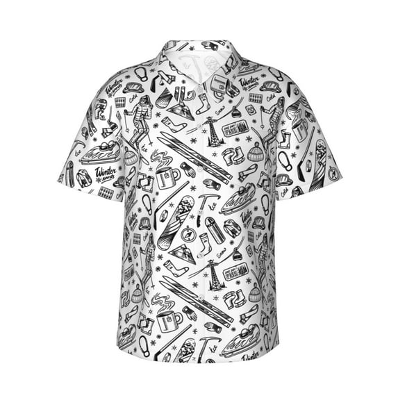 Logiee winter Ski Element Print Mens Hawaiian Shirts,Loose-Fit Short Sleeve Button Down Tropical Aloha Beach Shirt,Summer Vacation Wedding Tops,Medium