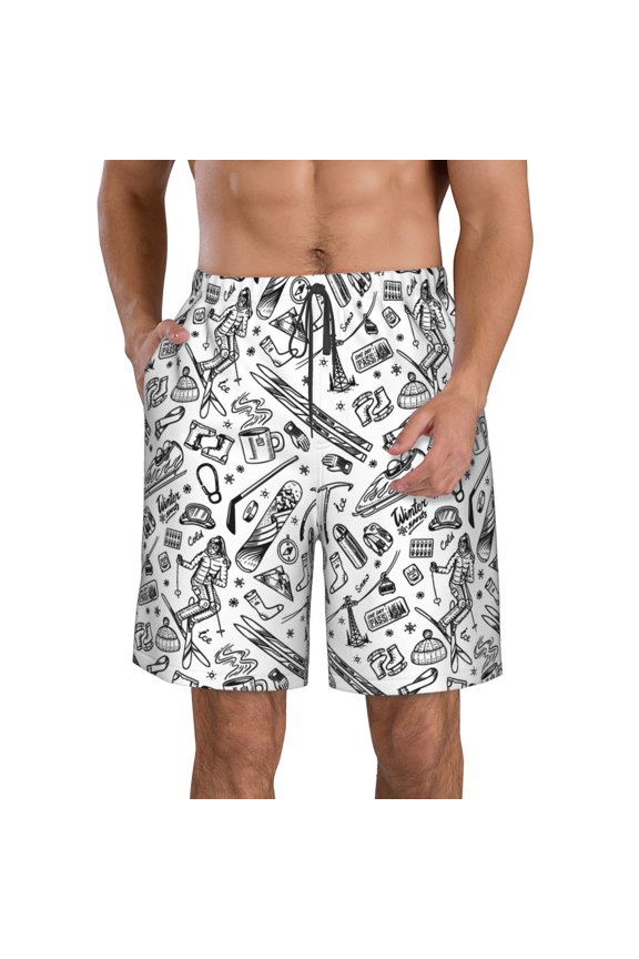 winter Ski Element Print Mens Swim Trunks Quick Dry Board Shorts,Breathable Hawaii Beach Shorts Swimwear Bathing Suits-Large