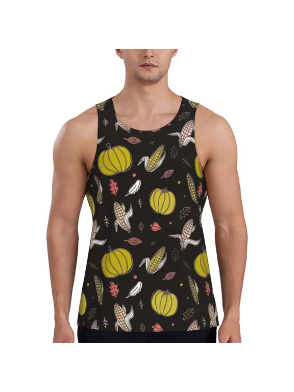 yellow Pumpkin Corn Print Men's Workout Tank Top,Quick Dry Workout Tank Top,Gym Muscle Tee,Fitness Bodybuilding Sleeveless T Shirt-