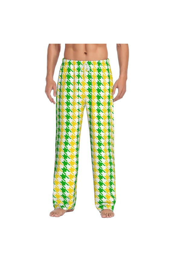 yellow and green houndstooth Print Pajama Pants for Men,Men’s Pajama Bottoms,Mens PJ Pants with Pockets & Button Fly-Medium