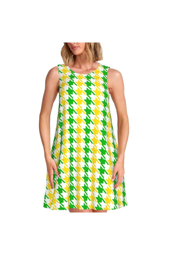 yellow and green houndstooth Print Summer Dresses for Women,Beach Sleeveless Flowy Pocket Tshirt Tank Sundresses,Women's Sleeveless Dress