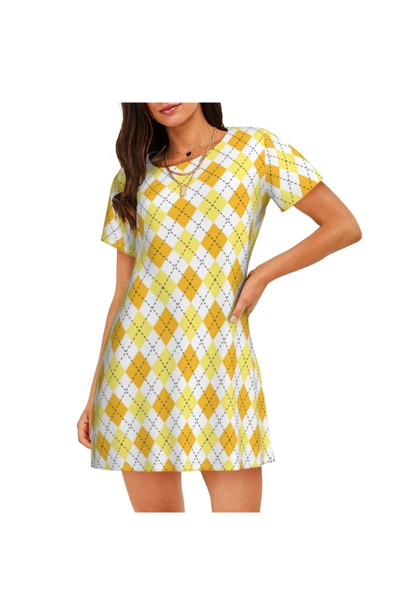 yellow argyle Print Nightgowns for Women,Soft Short-Sleeved Lightweight Sleepwear, Loose Sleepshirts