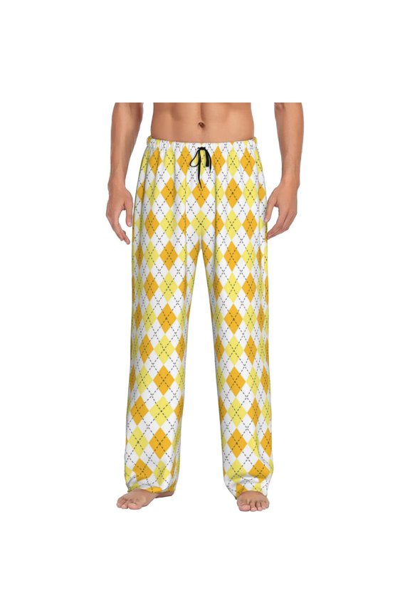 yellow argyle Print Pajama Pants for Men,Men’s Pajama Bottoms,Mens PJ Pants with Pockets & Button Fly-3X-Large
