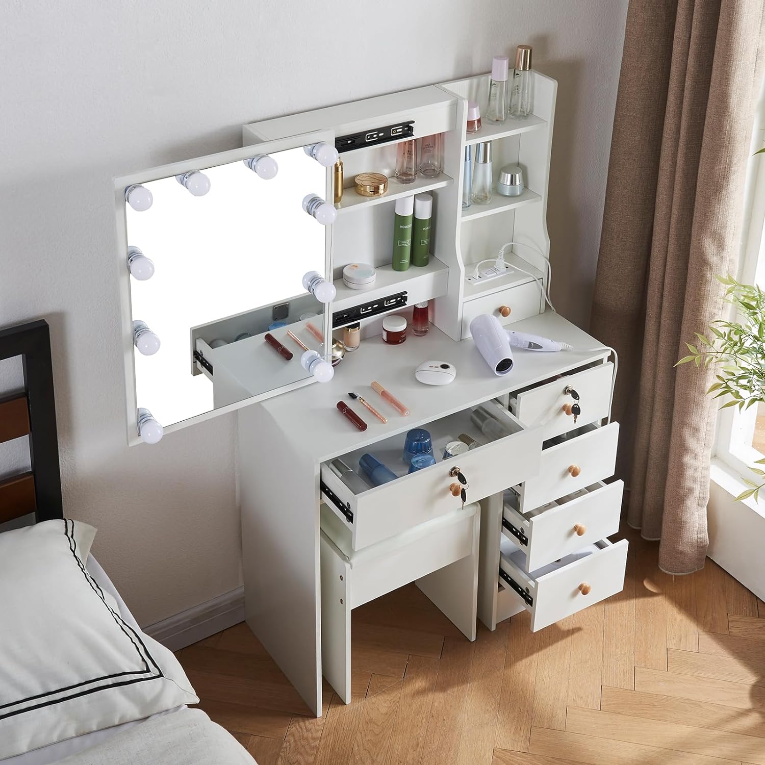 Logimiz Vanity Desk with Mirror and Lights, Makeup Vanity Table with 3
