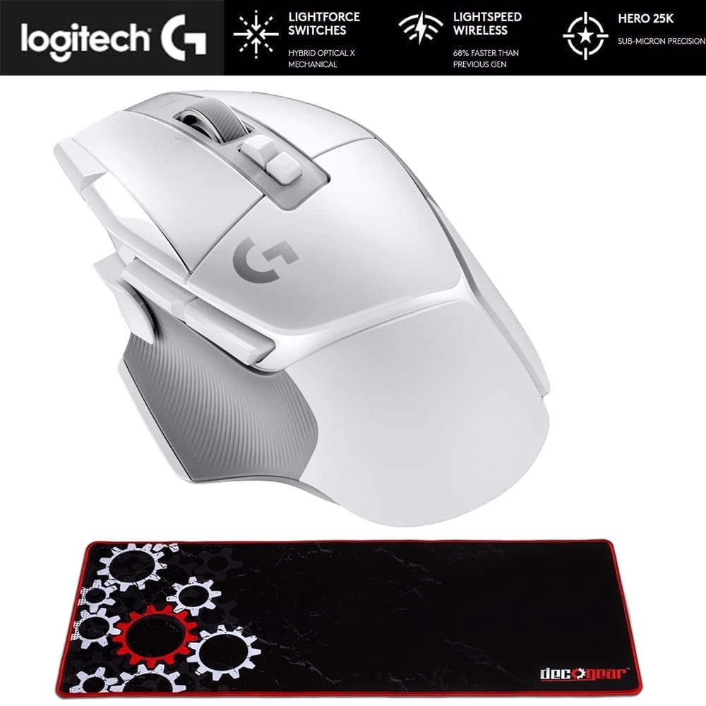 Logitech 910-006187 G502 X Lightspeed Wireless Gaming Mouse White Bundle with Deco Gear Large Extended Pro Gaming Mouse Pad Water Resistant Non-Slip 12 x 32 inch
