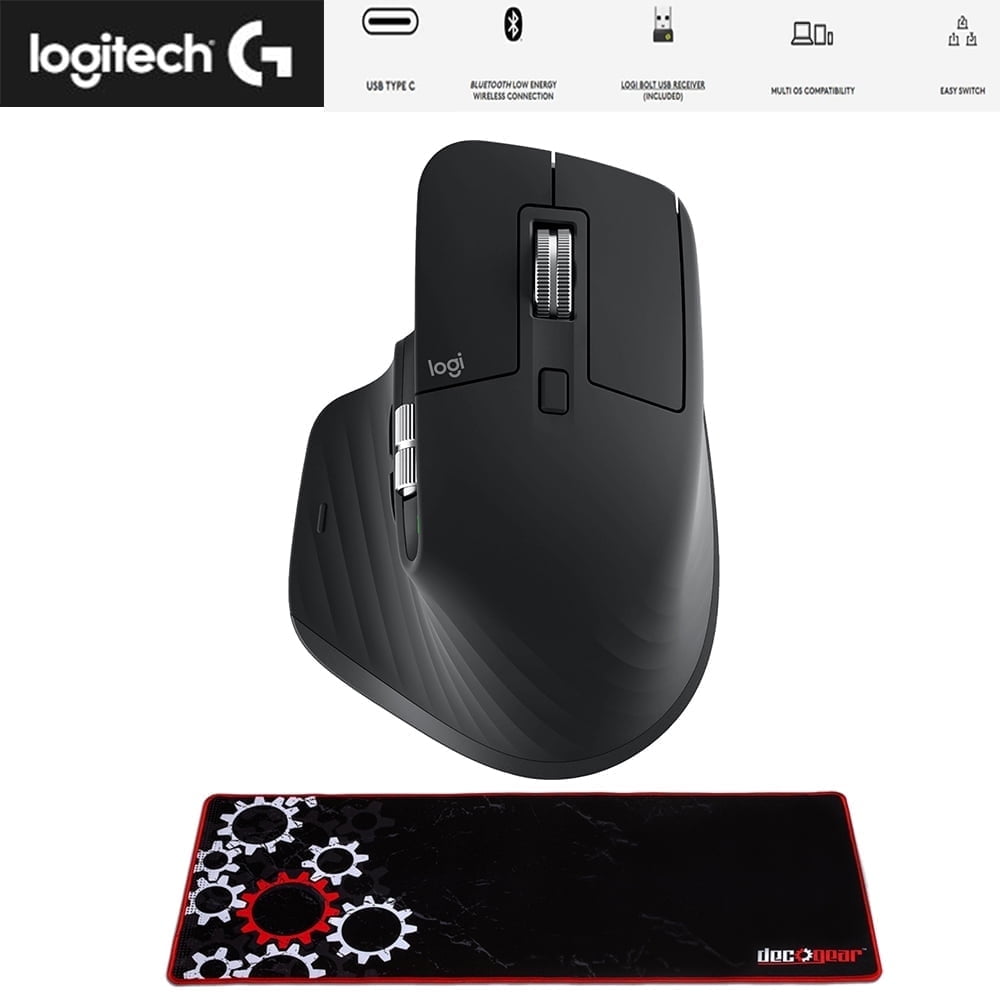 Logitech 910-006556 MX Master 3S Performance Wireless Mouse Black Bundle with Deco Gear Large Extended Pro Gaming Mouse Pad Water Resistant Non-Slip 12 x 32 inch