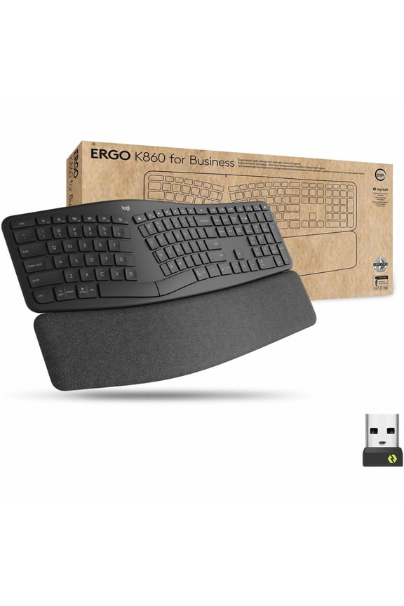Ergo K860 Split Wireless Keyboard for Business, Ergonomic Design, Secured Logi Bolt Technology, Graphite