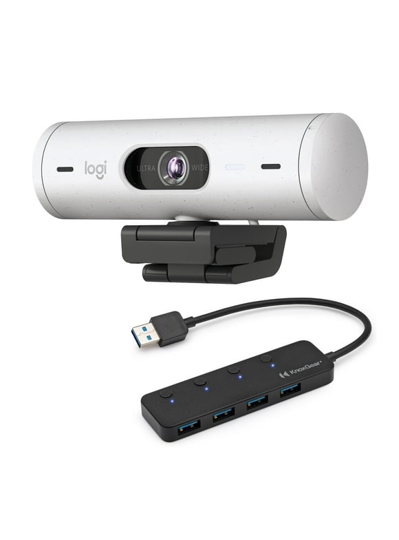 Logitech Brio 500 Full HD 1080p Webcam Bundle with 4-Port 3.0 USB Hub (Off-White)