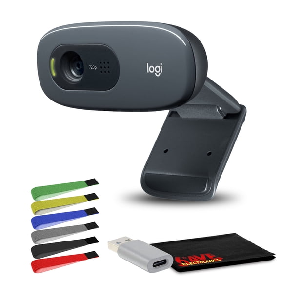 Logitech C270 Webcam, HD 720p Video Calling With Built-in Microphone Web-Cam For Desktop Monitor, PC / Computer Laptop, Web Camera Bundle With USB Type -C Adapter And Accessories