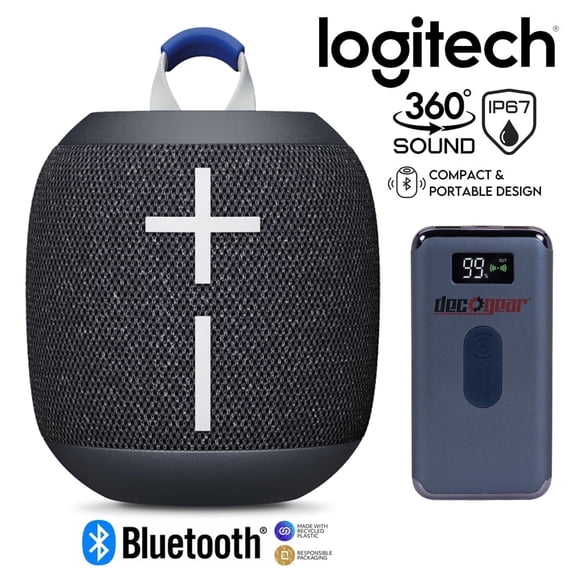 Logitech Core 984-001876 WONDERBOOM 4 Portable Waterproof Bluetooth Speaker with Big Bass and 360-Degree Sound, Black Bundle with Deco Gear 8000 mAh Power Bank with Wireless Device Charging