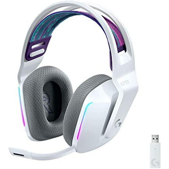 Logitech G733 Lightspeed Wireless Gaming Headset with Suspension Headband, LIGHTSYNC RGB, Blue VO!CE mic Technology and PRO-G Audio Drivers, Lightweight, 29 Hour Battery Life, 20m Range - White