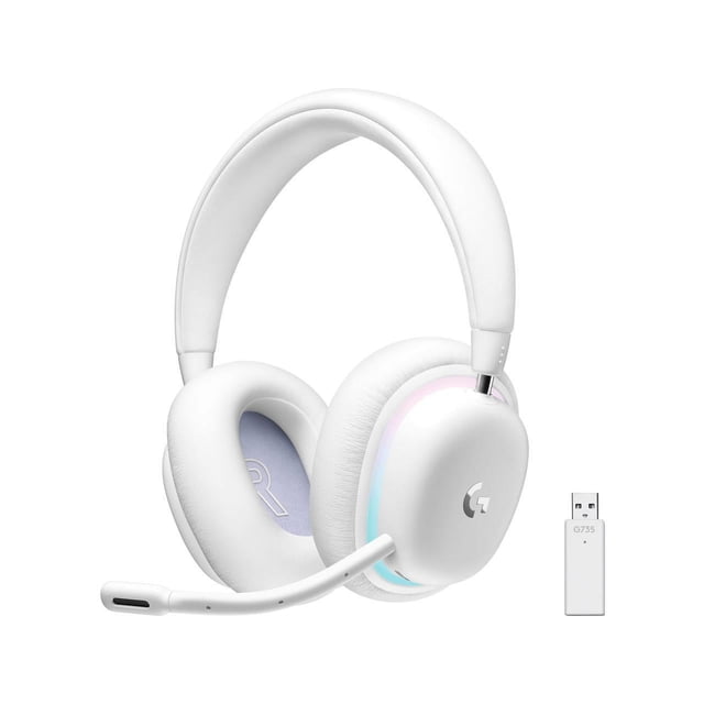 Logitech G735 Wireless Gaming Headset, Customizable LIGHTSYNC RGB Lighting, Bluetooth, 3.5 MM Aux Compatible with PC, Mobile Devices, Detachable Mic - White Mist