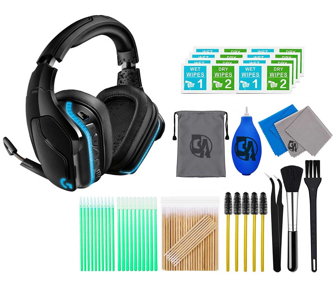 Logitech G935 Wireless 7.1 Surround Sound Over-the-Ear Gaming Headset  Black/Blue With Cleaning Kit Bolt Axtion Bundle Used