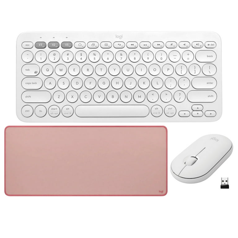 Logitech K380 Wireless Multi-Device Bluetooth Keyboard + Pebble M350  (Off-White) + Studio Series Desk Mat (Dark Rose)