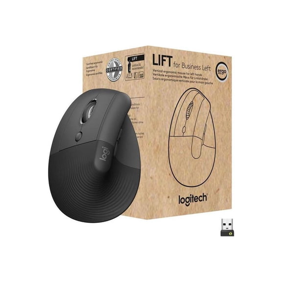 Open Box Logitech Lift for Business Left, Vertical Ergonomic Mouse - Left-handed, Wireless, Bluetooth or Secured Logi Bolt USB, Quiet clicks, Graphite - Optical - Wireless - Bluetooth/Radio Frequency - Grap...