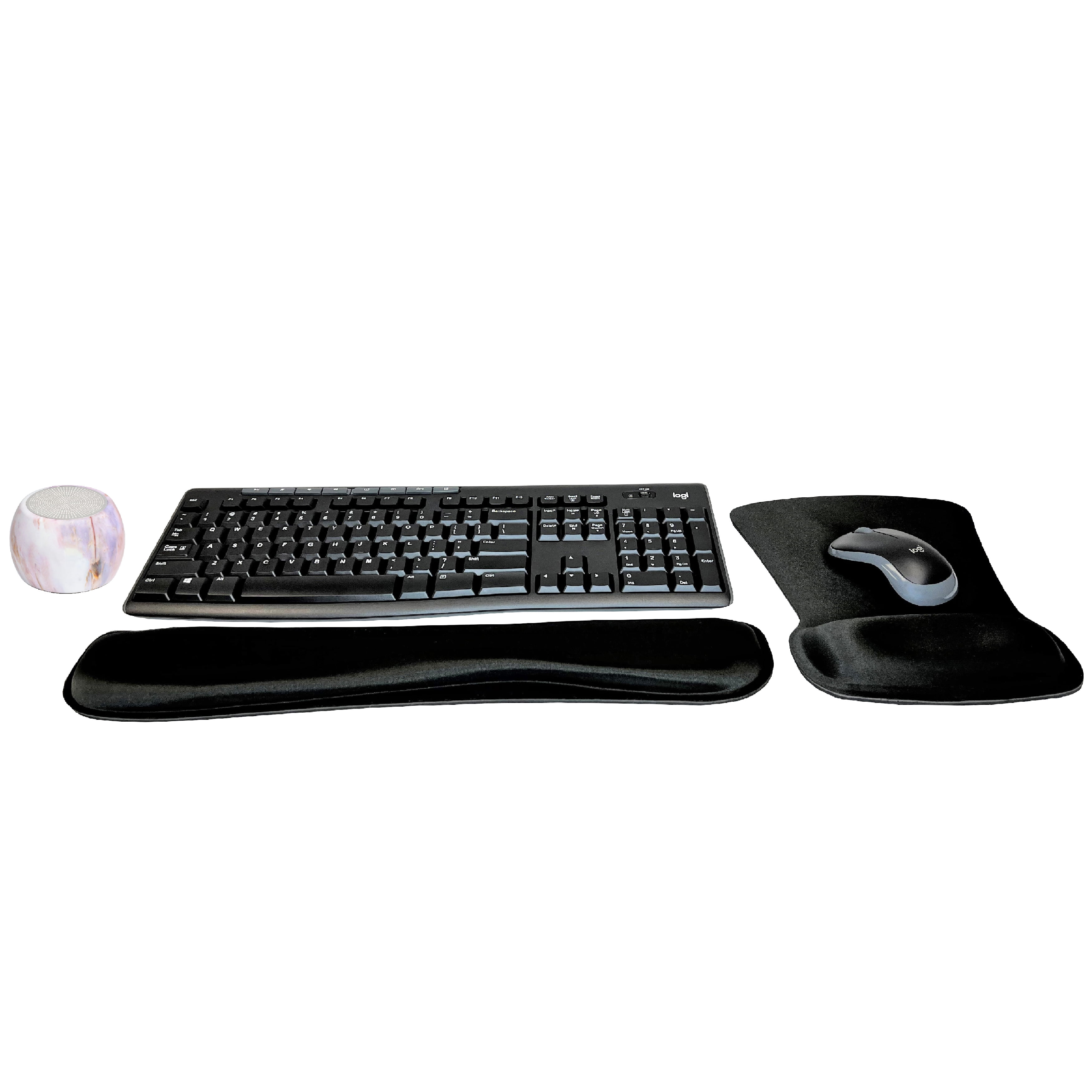 Logitech MK270 Wireless Keyboard & Mouse Combo Travel Home Office Modern Bundle with Boost Water-Resistant Portable Wireless Bluetooth Speaker, Gel Wrist Pad, & Gel Mouse Pad